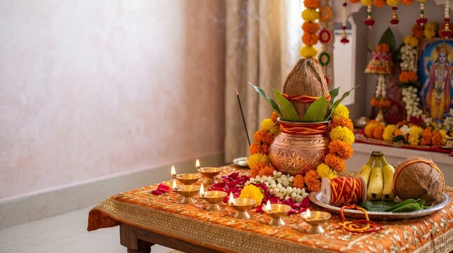 Anant Chaturdashi Vrat, ceremonial kalash, sacred thread and oil lamps arranged with floral offerings