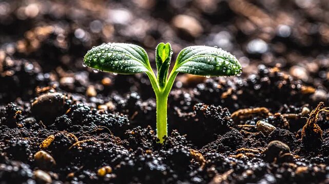 Tiny green seedling emerging from dark soil, showing new growth and the beginning of life, representing hope and future potential