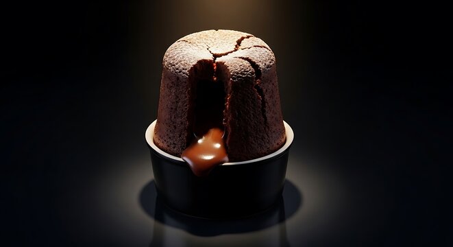 A decadent chocolate souffle served in a dark ramekin with rich warm molten chocolate oozing out, highlighted by dramatic studio spotlighting.
