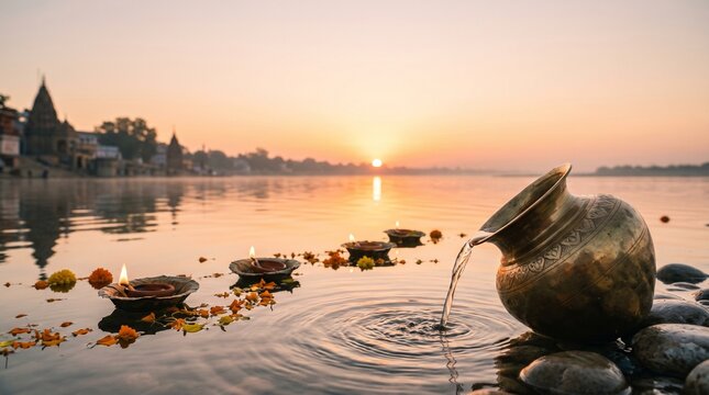 Pitru Paksha Tarpan, sacred brass vessel pouring water into a calm holy river, floating oil lamps and marigold petals