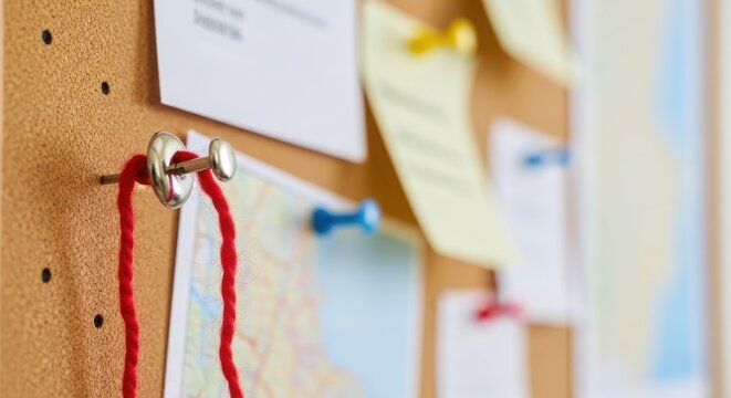 Closeup of a cork board with red yarn, push pins, maps, and sticky notes