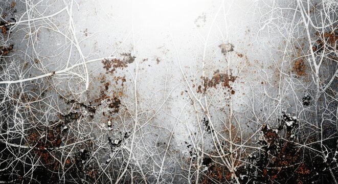 Abstract background with white tree branches and rusty metal texture overlay