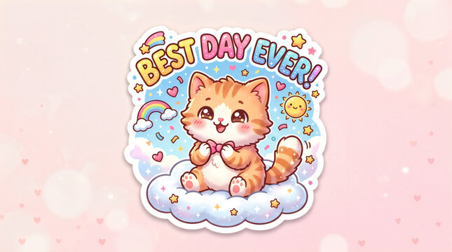 Cute cartoon cat on a cloud with best day ever text and rainbow