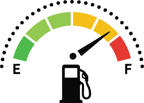 Fuel gauge meter icon, empty tank indicator with colorful scale vector artwork automotive design package