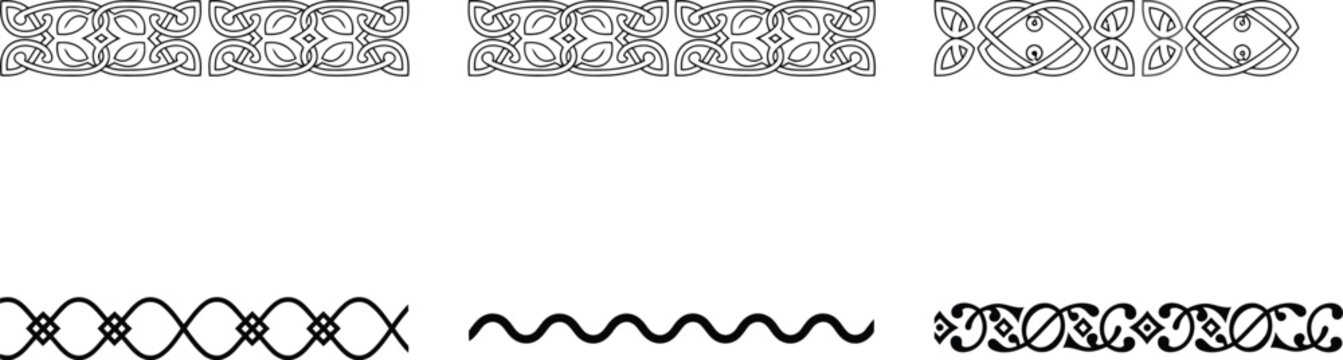 Celtic border patterns set, decorative knotwork and ornamental line designs vector artwork package templates