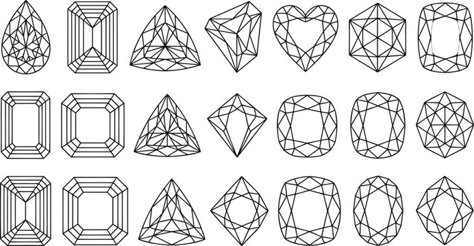 Geometric gemstone diamond cut shapes line art vector set featuring emerald pear heart cushion and oval crystal facets for luxury jewelry design brand logos and patterns