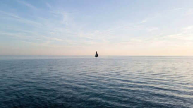 A small sailboat glides across a calm, expansive ocean under a bright, clear sky. The boat is the main subject, moving steadily towards the horizon.
