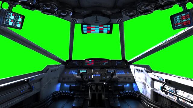 Spaceship Cockpit Interior with Green Screen Background, Futuristic Sci-Fi Shuttle Control Panel Panel Dashboard Animation for VFX Compositing