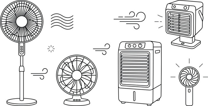 Electric fan line art vector set with air cooler conditioner heater handheld desk pedestal climate home appliance elements,