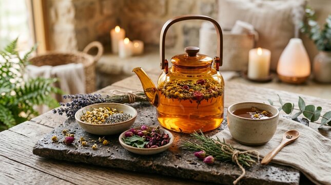 Glass teapot with herbal tea and dried flowers on a rustic wooden table in a cozy home setting