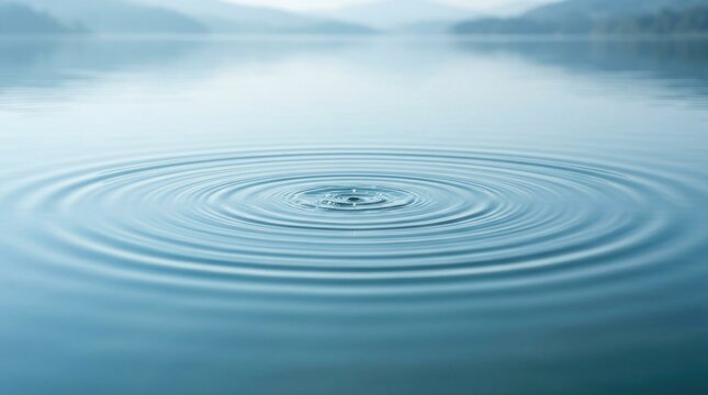 A single drop of water creates concentric ripples on a calm lake. The ripples spread outwards, distorting the reflection of the distant mountains.