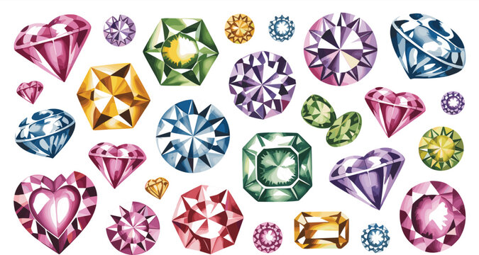 Colorful gemstones and diamonds vector icons set with crystal jewelry brilliant ruby emerald sapphire heart and round cuts isolated on white background