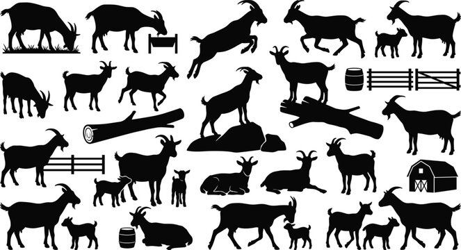 Farm Goat Silhouette Vector Icon Set with Grazing jumping and Resting Animals Barn Fences and Kids for Agriculture Lifestyle Layouts