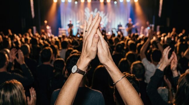 A large crowd of people raises their hands and claps in unison during a concert. The stage is brightly lit with spotlights, and a band performs on stage.