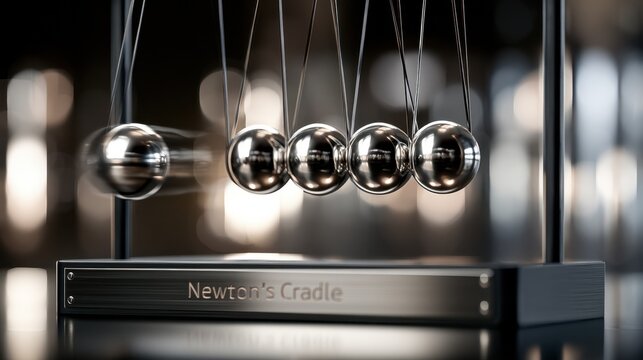 Newton's Cradle with metal balls in motion, physics demonstration of conservation of momentum and energy