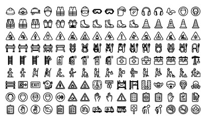 Fototapeta premium Untitled design - 1 100 Construction Safety Outline Icons Pack for Workplace Protection and Industrial Sites