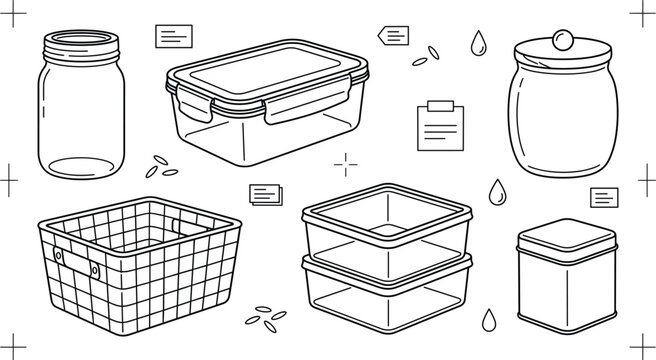 Food storage container vector icon set featuring mason jar pantry organizer basket glass canisters and kitchen organization elements