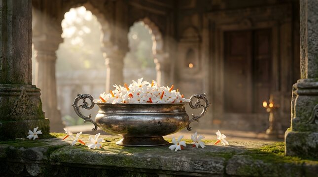 Fresh Parijat flowers in an antique silver bowl on mossy stone in an ancient temple courtyard