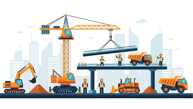Urban Construction Site Vector Illustration: Heavy Machinery, Crane, Excavator, Dump Trucks, and Workers Building City Infrastructure and Engineering Projects.