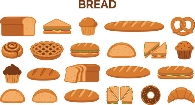 Bakery and bread vector icons set with sandwich croissant baguette muffin pie pretzel donut and toast isolated on white background