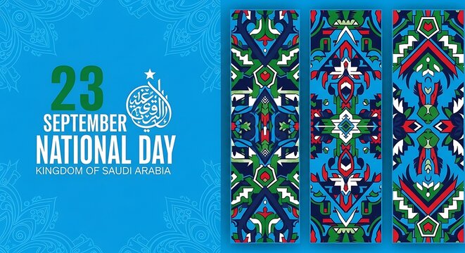 Colorful 23 September National Day celebration background with festive geometric patterns and date