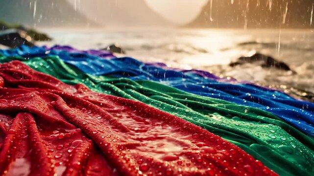 Vibrant fabric lies on a rocky beach, with rain droplets glistening on its surface, set against a blurred background of a serene body of water and distant mountains