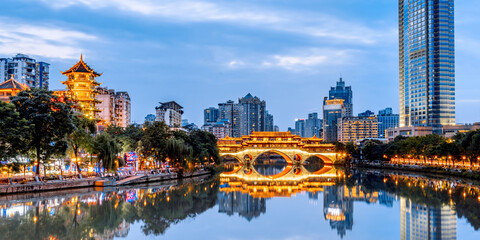 Night Scenery of Anshun Bridge and Urban Skyline in Chengdu, Sichuan, China © Govan