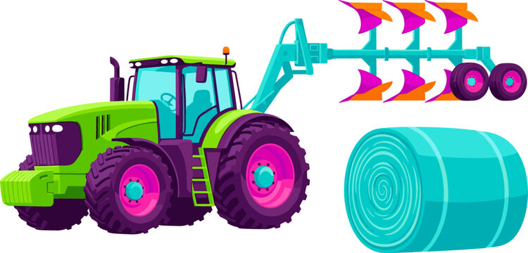 Modern Agricultural Tractor Vector Set with Reversible Plow Attachment and Cyan Round Hay Bale for Farming Harvest and Cultivation Graphic Designs