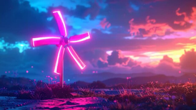 Neon windmill glowing in vibrant twilight over landscape