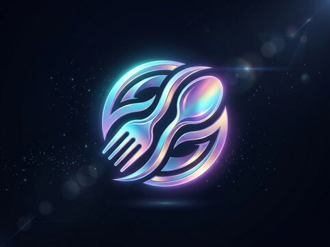A futuristic glowing fork and spoon logo illustration, suitable for restaurant branding, food delivery apps, catering logos, and dining icons.
