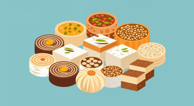Flat vector illustration of traditional Indian sweets including barfi with silver leaf, ladoo, peda, and various milk-based mithai arranged on a solid light blue background.