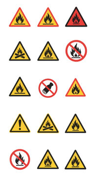 Set of fire hazard warning triangles and prohibition circles featuring black flame icons, flammable liquid alerts, campfire warning, and gas cylinder restriction symbols.