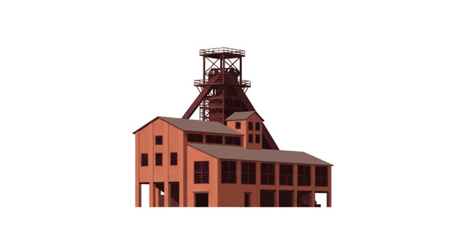 3D illustration of an industrial mining complex featuring a red brick crusher house and a steel headframe shaft tower isolated on a white background for technical visualization.