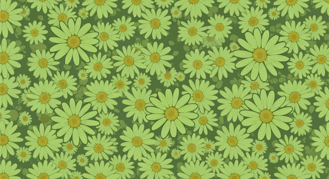 Seamless floral pattern featuring lime green daisy flowers with yellow centers densely scattered over a dark forest green background, illustrated flat vector style for textile design.