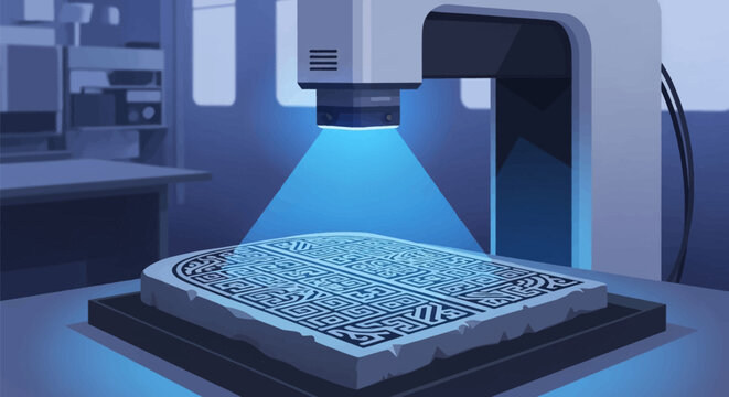 Industrial 3D laser scanner projecting a blue light onto a stone slab with complex geometric engravings for digital archival and analysis in a laboratory environment.
