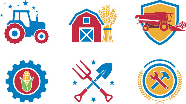 Agricultural Icons and Symbols Collection, Modern Farming and Agribusiness Vector Elements for Digital Platforms, Industry Applications, and Online Agricultural Services Today.