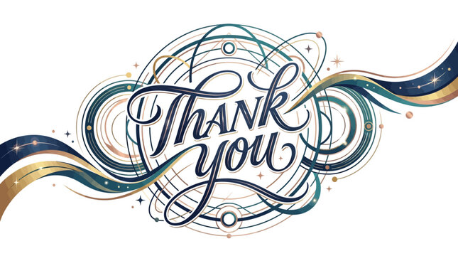 Elegant "Thank You" lettering with celestial-inspired circular wave design in gold and teal