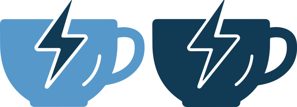 Two coffee cup icons with lightning bolts in blue colors