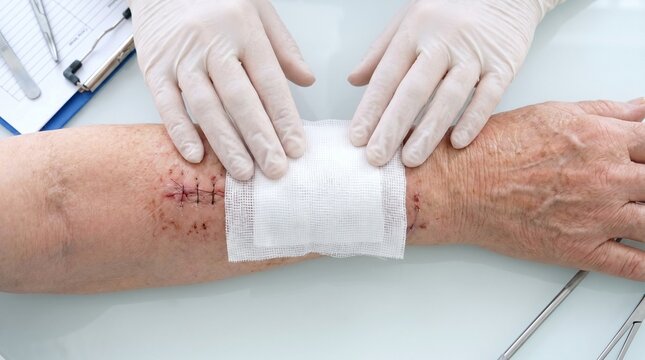 Medical doctor applying sterile gauze bandage to surgical wound stitches on senior arm in clinical post operative care