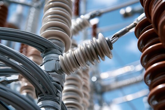 Close up of high voltage electrical substation insulators and power lines