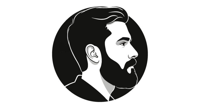 Minimalist black and white vector illustration of a bearded man in side profile view, featuring well-groomed hair and a full beard, enclosed within a circular frame on a white background.