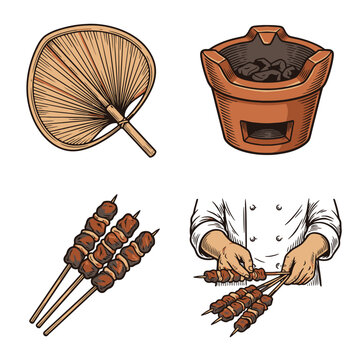 Vector illustration of grilling meat skewers with clay pot and conch shell dish.