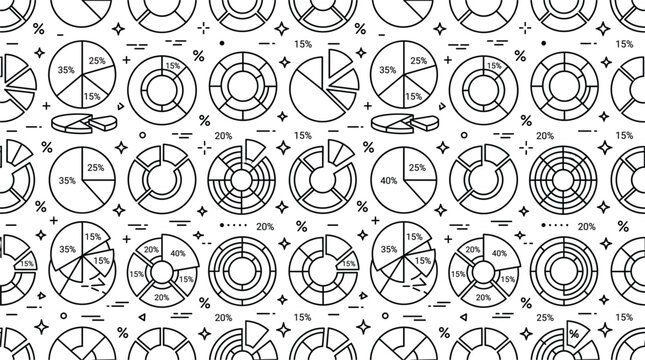 Pie chart seamless pattern vector background line art illustration with donut graphs percentage data statistics and financial diagrams