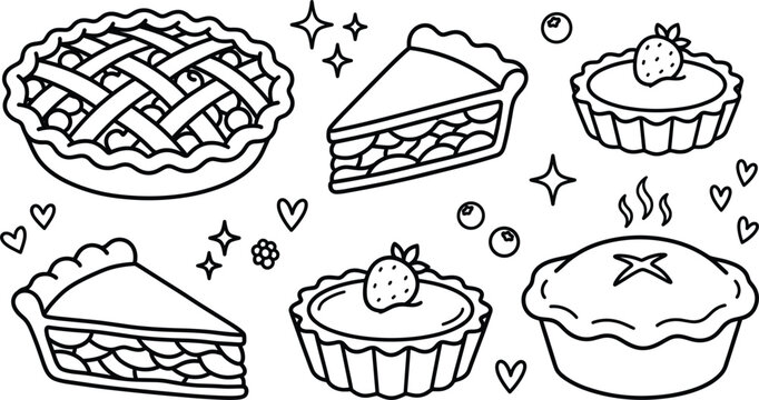 Pie vector illustration set line art drawing with fruit tart lattice crust apple pie slices and strawberry desserts
