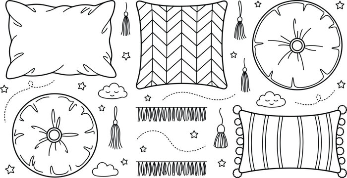 Pillow and cushion vector icon set featuring textured throw pillows tassels fringe round pattern bedding home decor elements