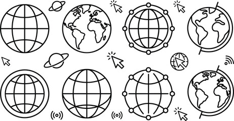 Global network and internet web vector illustration set line art drawing with earth globes map planets and cursors © S O H A G