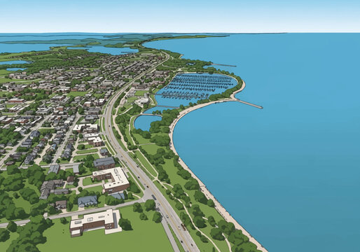 Aerial vector illustration of Whitefish Bay, Wisconsin, featuring the Lake Michigan shoreline, a large boat marina, sandy beach, coastal highway, green parks, and residential areas.