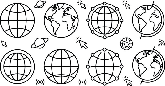 Global network and internet web vector illustration set line art drawing with earth globes map planets and cursors