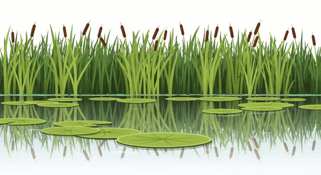 Flat vector landscape of a wetland pond with green water lily pads and reflections, accompanied by a row of cattail reeds and swamp grass against a plain white sky.