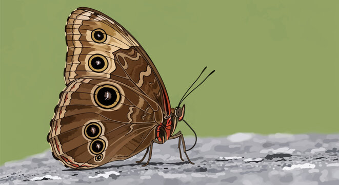 Vector illustration of brown butterfly with large eyespots resting on gray stone. Detailed wing patterns and antennas shown against solid green background.